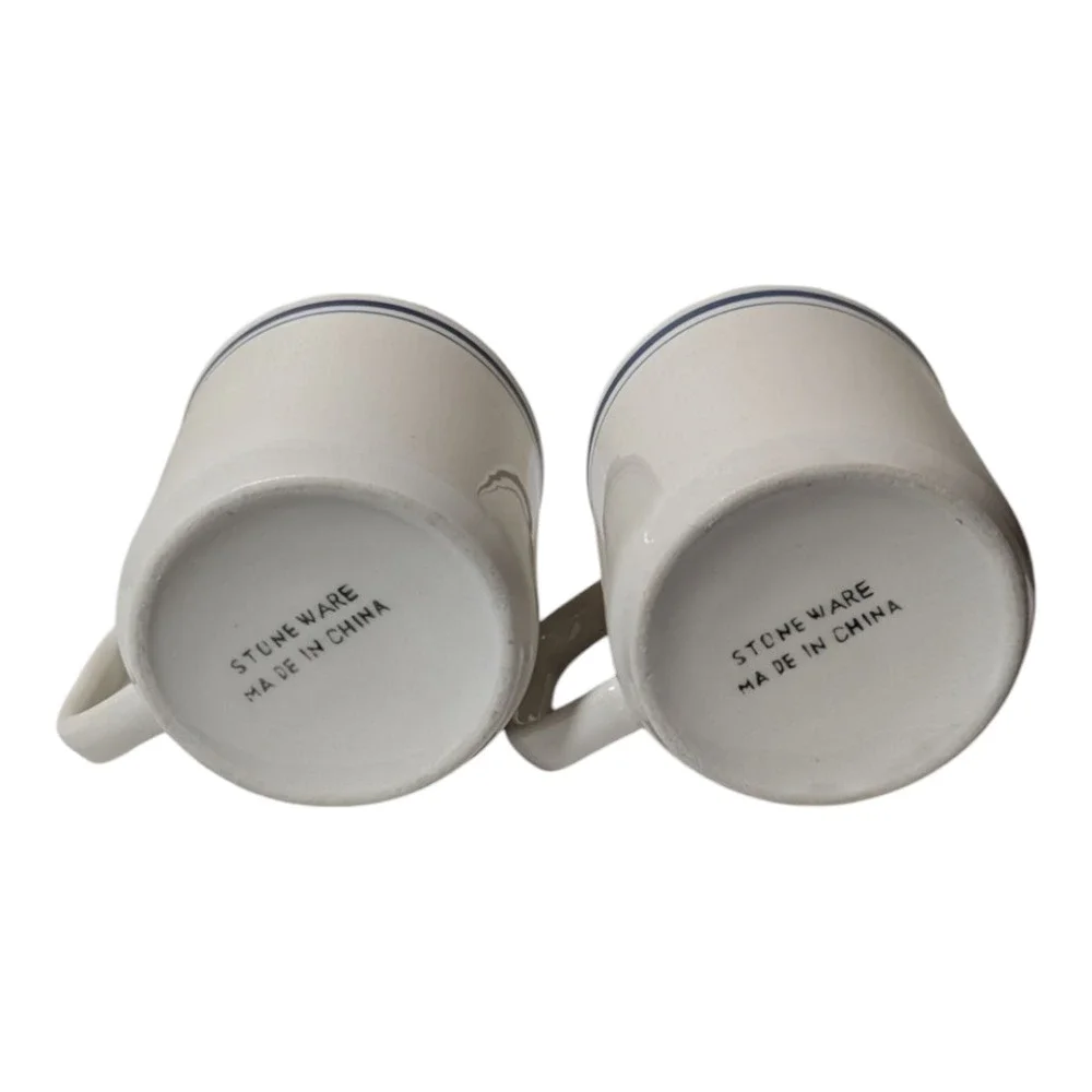 Stoneware - Pair of Mugs - Made in China - Cream Color/Cobalt Blue Trim - 8 oz